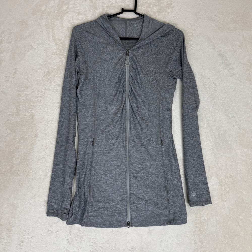 Athleta Womens Gray Heathered Ruched Full Zip Longline Hoodie‎ Thumbholes Small